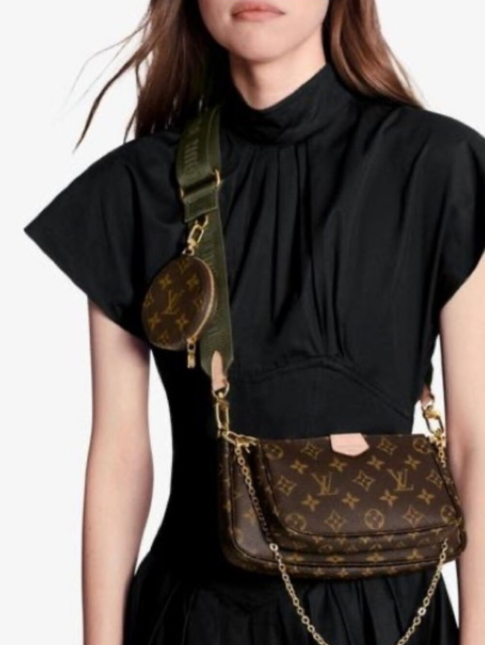 🟢3 IN 1 Monogram Canvas Multi-Pochette Crossbody Bag w/chain Army Green Strap